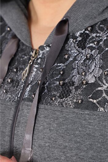 WestBound Women's Oversized Lace Pearl Detailed Zippered Hooded Hijab Tracksuit Set