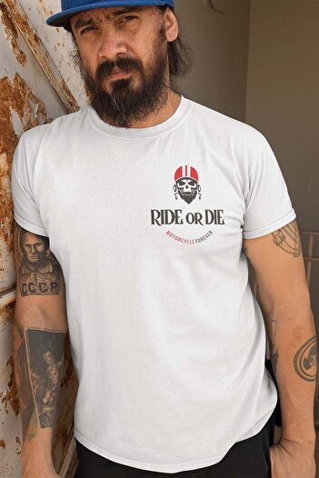Ride or Die Μπλουζάκι από βαμβακερό μονόχρωμο μπλουζάκι με καλλιγραφία τύπωμα μοτοσικλέτας
