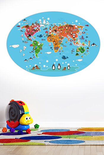 Tilki Dünyası Educational World Map Oval Model 7 Kids Room Wall Sticker