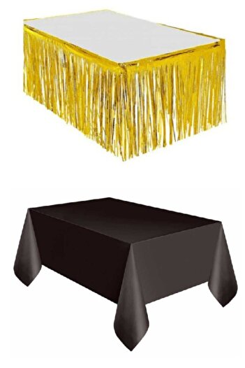ÖFN Aksesuar Gold Metalized Table Skirt + Plastic Black Tablecloth