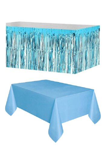 ÖFN Aksesuar Plastic Blue Tablecloth - Blue Metalized Table Skirt with Tassel