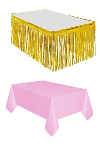 ÖFN Aksesuar Gold Metalized Table Skirt + Plastic Pink Tablecloth