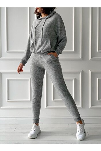 EVRA Women's Snow Melange Hooded Soft Kangaroo Pocket Tracksuit Set