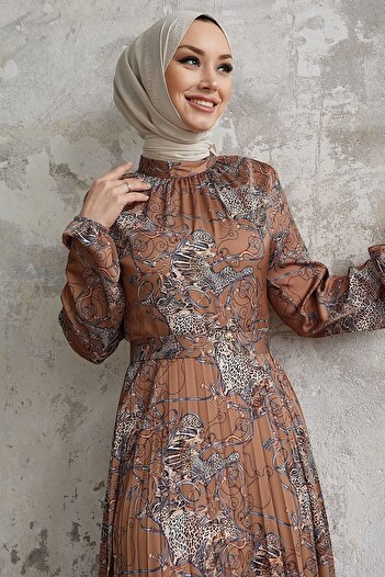 InStyle Pelda Patterned Belted Satin Dress - Brown