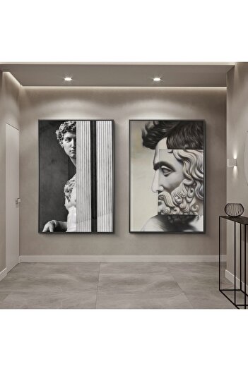 Linacci Gold Sculpture Artistic Gray Glass Poster Painting Set with Double Black Aluminum Metal Frame