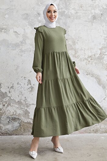InStyle Neya Frilled Shoulder Casual Φόρεμα - Χακί