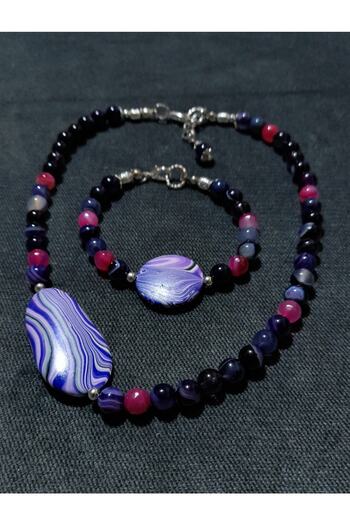 Asteria Elite Purple Agate Pink Agate Evil Eye Protection and Wisdom Necklace Bracelet Set