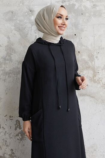 InStyle Helya Hooded Pocket Casual Dress - Black