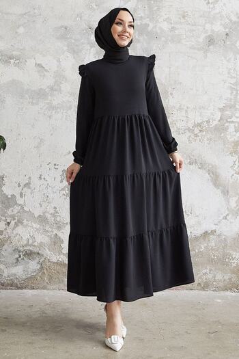 InStyle Neya Casual Dress with Frilled Shoulders - Black