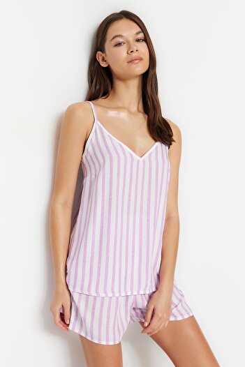 Trendyol Collection Pyjama-Set aus Viskosegewebe mit lila gestreiften Seilträgern THMSS23PT00006