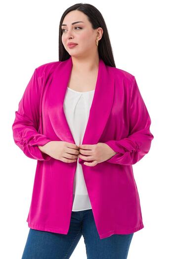 DISENTIS MODEST Φούξια σατέν μπουφάν - Plus Size, Σάλι γιακά και Λεπτομέρεια με κορδόνι