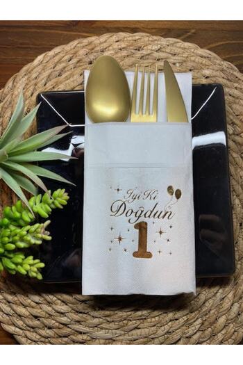 kidspartim Gold Gilded White Pocket Happy Birthday Napkin 12 Pieces 40x40