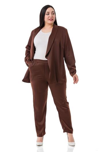 DISENTIS MODEST Plus Size Satin Brown Trousers with Elastic Side and Back Pockets