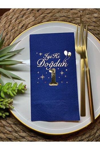 kidspartim Gold Gilt Navy Blue One Year Old Good You Born Waiter Fold Napkin 16 Pieces