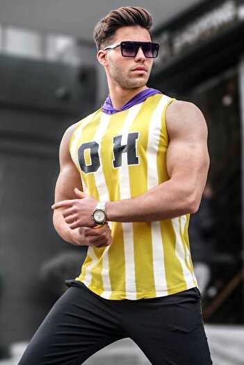 Madmext Yellow Striped Hooded Men's Undershirt 4024