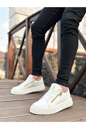 Bukond Thick High Sole Double Zipper White Casual Sneaker Sports Shoes