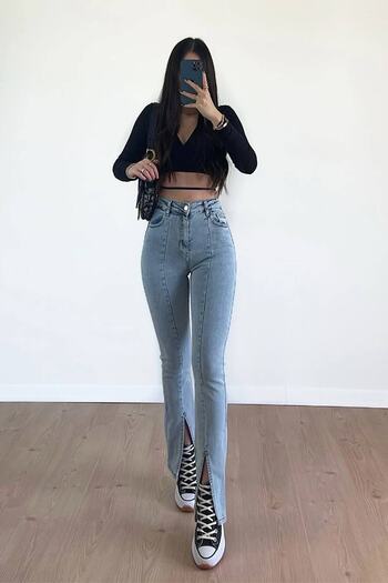 MAKRAS EXCLUSIVE Julia 90's Kadın Yüksel Bel Açık Mavi Likralı Önden Yırtmaçlı Kot Pantolon Jeans