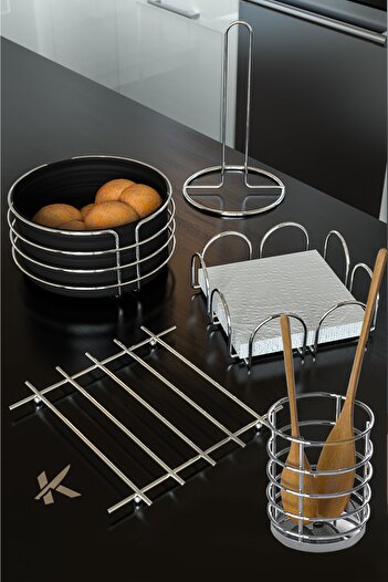 KARTEYA Luxury Stainless Service Presentation Set and Bread Basket, Towel Holder, Napkin Holder, Trivet, Bread Holder, Spoon Holder, Set of 5