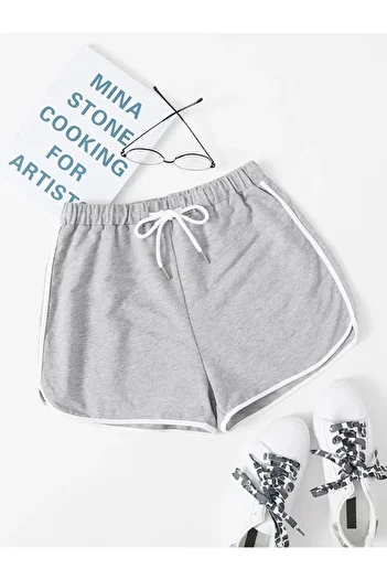 MOONBULL Gray Colored Combed Cotton Shorts with White Side Stripe Detail