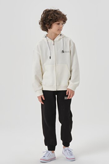 Black One Lycra Free Double Face Interlock Fabric Seasonal Print Detailed Pocket Corded Boys' Tracksuit