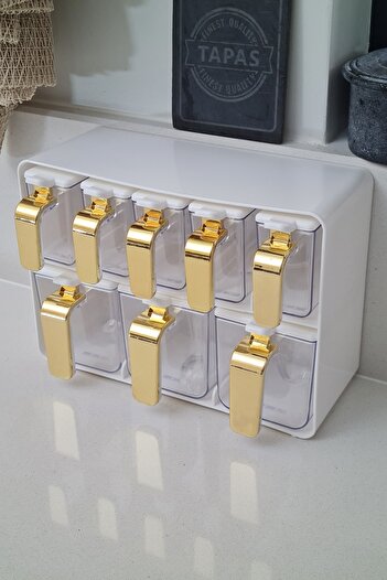 Herevin Eight-Stand Spice Jar Set White Lid with Gold Handle –161280-821