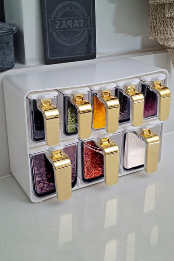 Herevin Eight-Stand Spice Jar Set White Lid with Gold Handle –161280-821