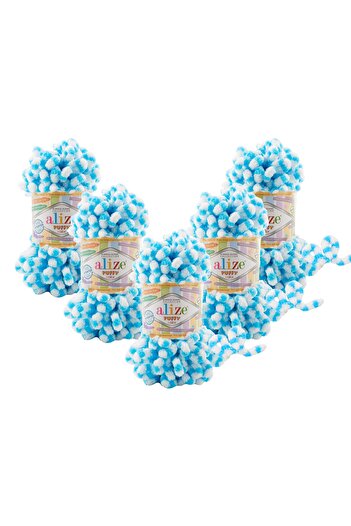 Alize 5 τεμάχια Puffy Colorful - Πλεκτό Χειροποίητο Βρεφικό Κουβερλί Παντόφλες Ζακέτα Κορδόνι
