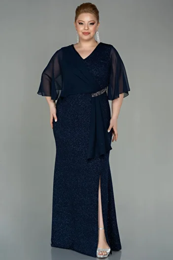 Abiyefon Navy Blue Short Sleeve Long Glitter Plus Size Evening Dress Abu2857