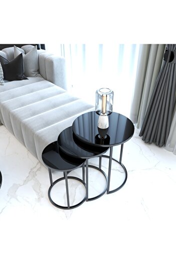 FAYMEND Ecol Desing Siyah Metal Zigon Sehpa 3 Lü