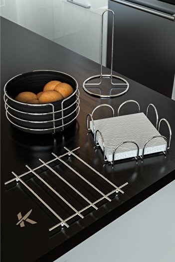 KARTEYA Luxury Stainless Service Presentation Set and Bread Basket, Towel Holder, Napkin Holder, Trivet, Bread Holder, Spoon Holder, Set of 5