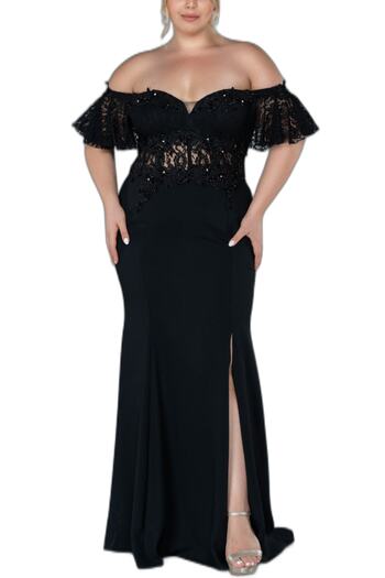 Arden Long Plus Size Evening Dress, black, red, dark blue Fish Form Madonna Collar Wedding, Graduation 46-56