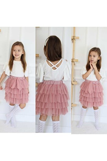 Calisa Girl's Salmon Pink Frilly Skirt and Sleeve Detailed White Blouse April 23 Show Combination Set Kokoş