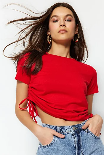 Trendyol Collection Red 100% Cotton Basic Crew Neck Knitted T-Shirt with Gather Detail TWOSS21TS0131