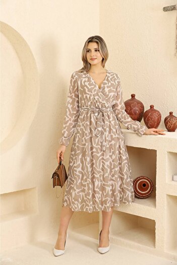 Neşeli Butik Γυναικείο φόρεμα σιφόν με μπεζ σχέδιο Rssn32