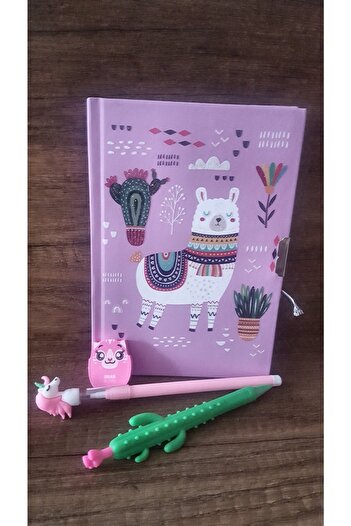 ÇİLEKHOMEAVM Lama Locked Souvenir and Diary Notebook Unicorn Versatil Pen-Watermelon Pen-Eraser