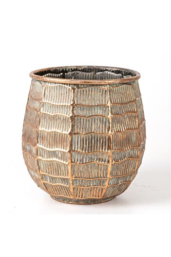 Herdekora Kabartma Çizgi Desenli Metal Çiçeklik Saksı Bakır Eskitme-gri 24x23x24 Cm.
