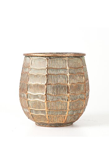 Herdekora Kabartma Çizgi Desenli Metal Çiçeklik Saksı Bakır Eskitme-gri 24x23x24 Cm.