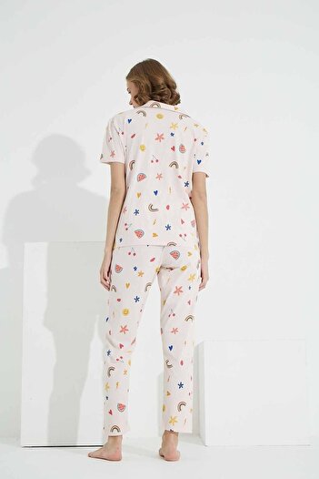 Siyah İnci Desenli Pamuklu Düğmeli Örme Pijama Takımı
