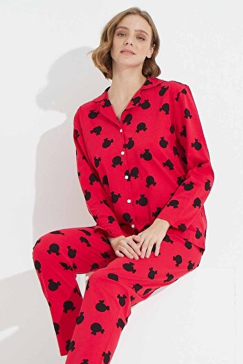 Siyah İnci Red Black Mouse Patterned Cotton Buttoned Knitted Pajama Set