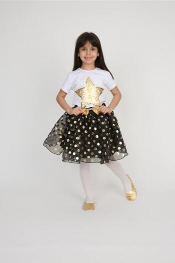 Dıgıl Kids Girl's Gold Star Patterned T-shirt Polka Dot Patterned Skirt Set 23 April 29 October Performance Clothing