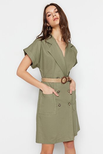 Trendyol Collection Khaki Belted Double Breasted Collar Mini Pocket Woven Jacket Dress TWOSS23EL01013