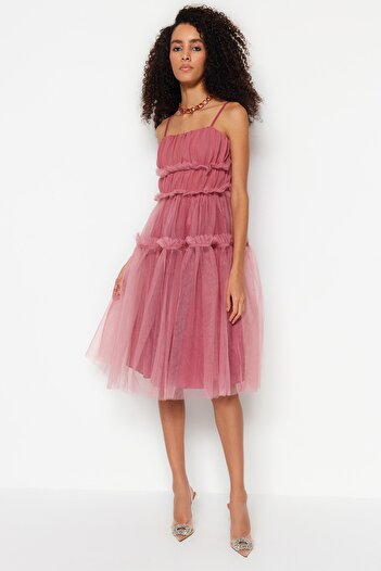 Trendyol Collection Βραδινό φόρεμα A-Cut Dried Rose Tulle - Φόδρα, κομψό TPRSS23EL00470