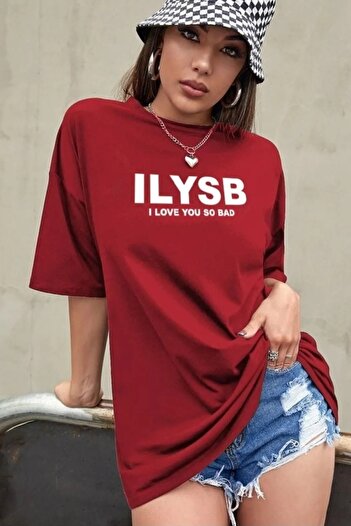 MODAGEN Women's Red Ilysb Printed Oversize T-shirt