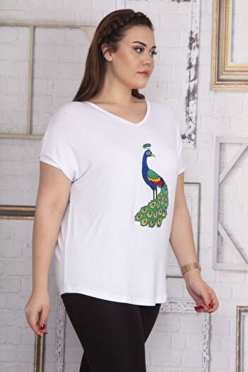 Şans Women's Large Size White Embroidery Detailed V-Neck Low Sleeve Blouse 65n22733