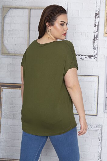 Şans Women's Plus Size Khaki Pocket Print Pattern Tulle Detailed Low Sleeve Viscose Blouse 65n22702