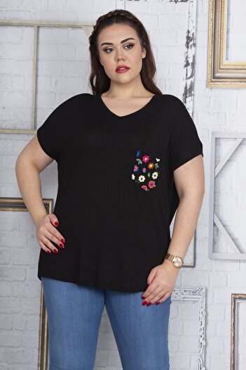 Şans Women's Large Size Black Pocket Print Pattern Tulle Detailed Low Sleeve Viscose Blouse 65n22702