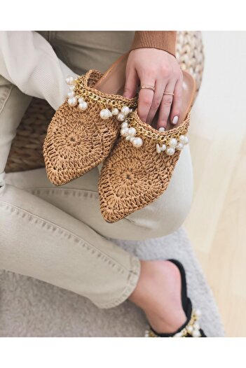 Pabuç Cenneti Women's Pearl Detailed Hand Knitted Straw Slippers