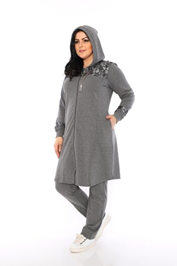 WestBound Women's Oversized Lace Pearl Detailed Zippered Hooded Hijab Tracksuit Set