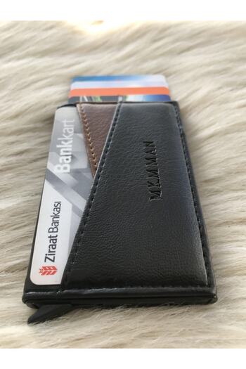 MKM MAN Black/Tan Pattern Leather Card Holder with Automatic Mechanism
