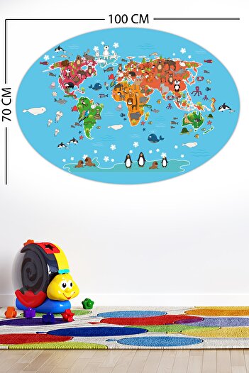 Tilki Dünyası Educational World Map Oval Model 7 Kids Room Wall Sticker